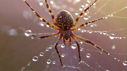 A beautiful spider and a web decorated with dew drops that shimmer in the sun, creating a glow effect. The background of the image is blurred, in a warm golden pink color scheme.