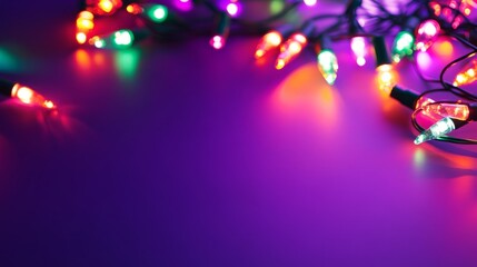 Colorful christmas lights glowing on vibrant purple background for festive holiday decorations, party atmosphere designs, seasonal greeting cards, and winter celebration visuals with copy space