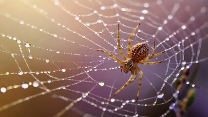 A beautiful spider and a web decorated with dew drops that shimmer in the sun, creating a glow effect. The background of the image is blurred, in a warm golden pink color scheme.