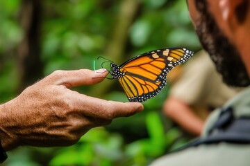 Ecotourists tagging digital monarch butterflies in predeforestation Amazon