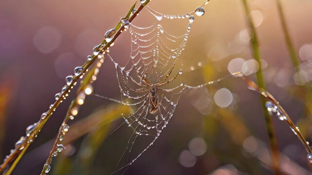 A beautiful spider and a web decorated with dew drops that shimmer in the sun, creating a glow effect. The background of the image is blurred, in a warm golden pink color scheme.