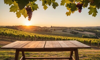Naklejka premium Enchanting sunset over a toscana vineyard with wooden table background