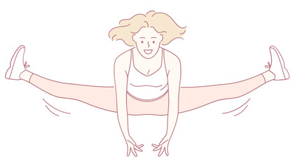 An energetic and animated portrayal of a woman joyfully performing an impressive split jump with enthusiasm