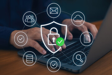Cybersecurity concept with shield and digital icons for online protection awareness.
