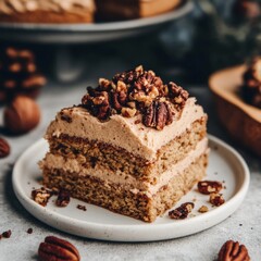 Savor Autumn s Flavors Slice of Maple Pecan Cake with Creamy Frosting, Topped with Pecans