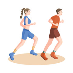 Obraz premium Man and woman running together, perfect for fitness, healthy lifestyle, and exercise themes. Flat vector illustration isolate on a white background.