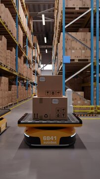 Autonomous AGV robots transporting cardboard boxes in automated warehouse or distribution logistics center. Smart warehouse automation concept. Seamless looping parallel shot. 3d rendering animation.