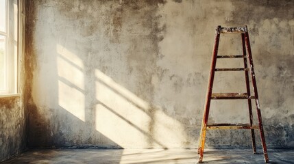 A ladder is leaning against a wall
