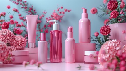 A captivating arrangement of various pink cosmetic products surrounded by vibrant floral elements that evoke feelings of beauty, luxury, and self-care for everyone.