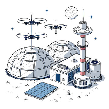 A futuristic lunar base, featuring sleek domes, advanced technology, and numerous autonomous drones patrolling the desolate moonscape.