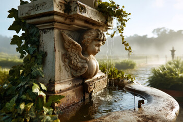 Obraz premium Vintage baroque cherub fountain in lush garden with morning mist and soft sunlight
