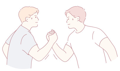 Two friends engage in a playful arm wrestling match, showcasing their strong bond and friendly competition