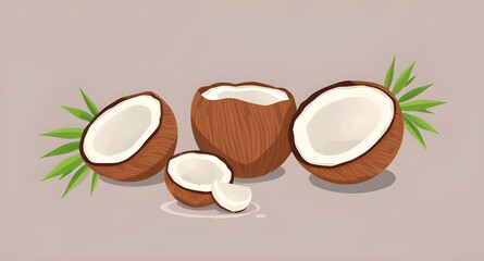 Coconut vector, Whole coconut, Coconut illustration, Coconut half, Coconut with shell, Open coconut, Tropical coconut, Coconut clipart, Coconut on white, Coconut meat, Coconut water, Brown coconut, Gr