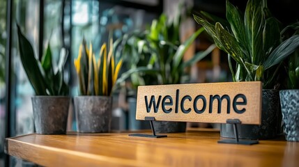 Welcome Sign On Desk With Plants Symbolizing A Friendly Onboarding Process At Modern Office