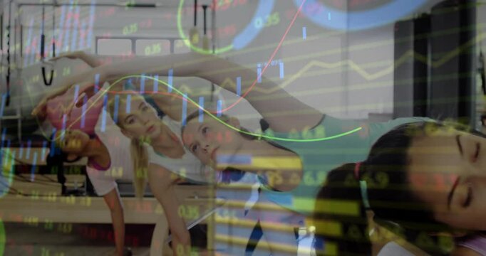 Pilates instructor lifting arm on reformer, others joining side stretch, market charts animating