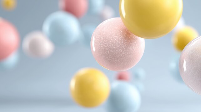Colorful spheres in various sizes float gracefully against a soft blue background, creating a whimsical and vibrant atmosphere, perfect for playful design concepts and creative projects