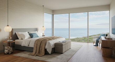 Modern bedroom with ocean view and soft light