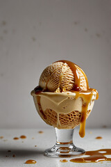 A scoop of creamy caramel ice cream with caramel sauce