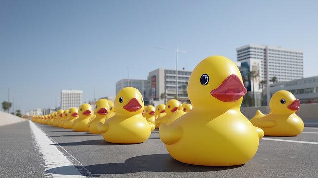 Bright yellow rubber ducks are lined up on a city street, creating a whimsical scene with urban buildings and clear blue sky in the background, showcasing playful creativity - Powered by Adobe