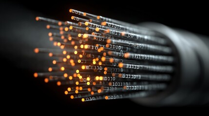 3D Illustration of Optical Fiber Cable with Glowing Binary Code on Dark Background for Tech Concepts