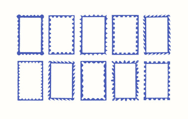 Stamp empty greeting cards with crayon elements on white background. Doodle squiggle frames with chalk ornament for greeting cards, wedding and birthday party. Vector border template in school hand dr