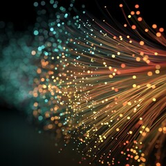 Colorful Optical Fiber Strands Transmitting Lights on Black Background with Bokeh Effect in Minimalist Style