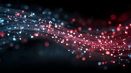 Abstract Digital Fiber Optics with Blue and Red Light Waves on Dark Background, Minimalist Technology Concept