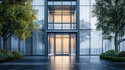 Modern glass-fronted building entrance surrounded by lush greenery, reflecting early morning light, creating a serene atmosphere for visitors and potential clients