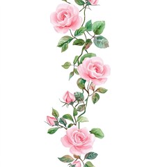 Vertical Floral Pattern With Pink Roses And Green Leaves