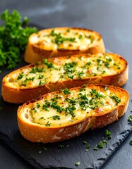 Delicious garlic bread with cheese and parsley on a black board