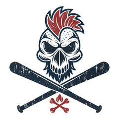 Design a grunge-style logo featuring a chicken skull with crossed drumsticks, incorporating dark textures and distressed aesthetics.