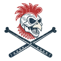 Design a grunge-style logo featuring a chicken skull with crossed drumsticks, emphasizing a distressed, vintage aesthetic.