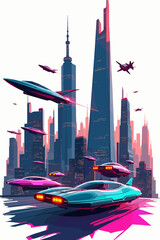 Futuristic skyscraper city with fighter jets soaring above and glowing high-speed roadway curving around skyline, sci-fi urban concept
