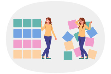 Woman engaged in computer science and business analytics structures chaotically scattered blocks. Concept importance of structuring in analysis and processing of big data or computer science