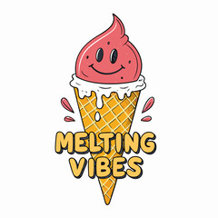 A melting ice cream cone with a cheerful smiley face, dripping with deliciousness, conveying summer fun and sweet treats.