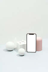 Smartphone and Wireless Earbuds Mockup in Minimal Pastel Scene