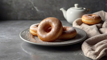 Delicious dessert. Donuts with white icing sugar and powdered sugar on a gray table. Confectionery products. Bakery products.