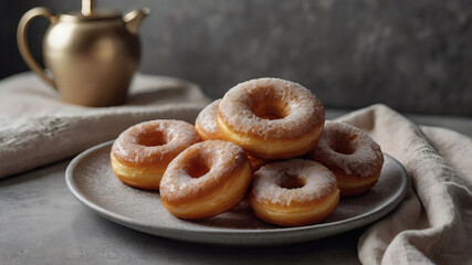 Delicious dessert. Donuts with white icing sugar and powdered sugar on a gray table. Confectionery products. Bakery products.