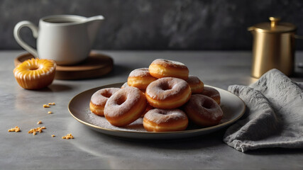 Delicious dessert. Donuts with white icing sugar and powdered sugar on a gray table. Confectionery products. Bakery products.