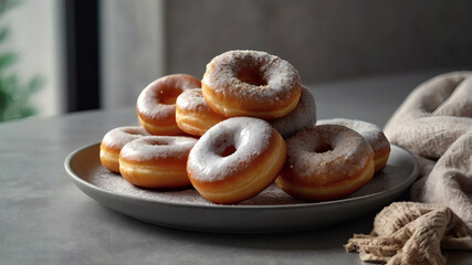 Delicious dessert. Donuts with white icing sugar and powdered sugar on a gray table. Confectionery products. Bakery products.