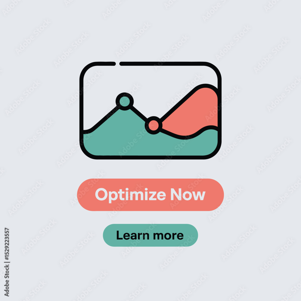 Poster colorful line graph icon with optimize now and learn more buttons for website or app