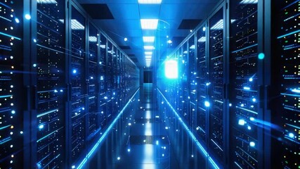 Step into a high-tech data center brimming with servers and illuminated by dynamic blue lights. Witness the cutting-edge technology that powers modern data storage - Powered by Adobe