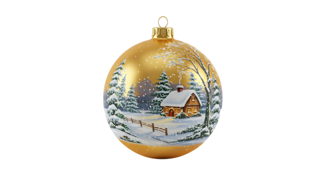 A beautifully painted golden Christmas ornament featuring a snowy cabin scene, surrounded by pine trees, perfect for holiday decor - Powered by Adobe