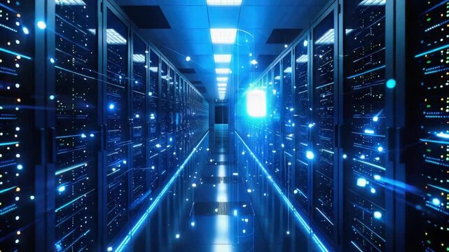 Step into a high-tech data center brimming with servers and illuminated by dynamic blue lights. Witness the cutting-edge technology that powers modern data storage - Powered by Adobe