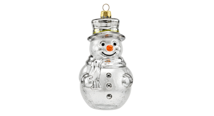 A cheerful glass snowman ornament with a black top hat and orange nose, perfect for holiday decorations and festive cheer