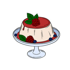 Delicious panna cotta dessert with berries and fruit sauce sweet baked dessert confectionery. Baked sweet treats dessert. Outline food art pastry