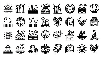 Fototapeta premium Line art icons depicting nature environment and technology.
