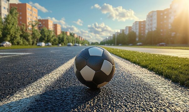 Soccer ball on city street at sunset