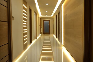 Obraz premium Modern minimalist hallway with ambient ceiling lighting and wooden doors