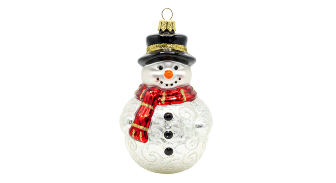 A cheerful snowman ornament adorned with a black hat and red scarf, perfect for holiday decorations in a cozy setting